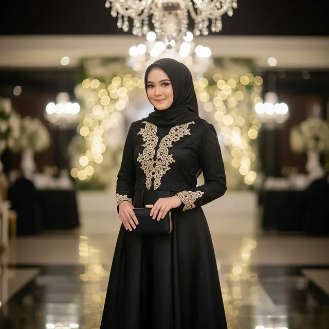 9 Model Gamis Hitam Simple Elegan Kombinasi Brokat Gold untuk Pesta Malam, Elegan