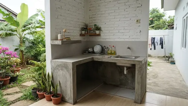 Desain Tempat Cuci Piring Belakang Rumah dengan Meja Cor Dua Tingkat