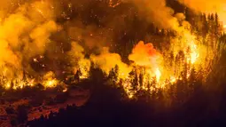 Kebakaran meluas dan menghanguskan ribuan hektare lahan hutan, menimbulkan kekhawatiran serius bagi lingkungan dan keselamatan warga. Tampak dalam foto, kobaran api menghanguskan kawasan hutan di Gunung Pirque, El Hoyo, wilayah Patagonia provinsi Chubut, Argentina pada 7 Januari 2026. (Martin LEVICOY/AFP)