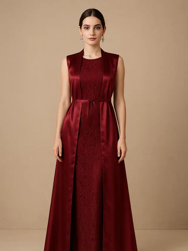 Model Long Dress Brokat Kombinasi Outer Panjang Tanpa Lengan