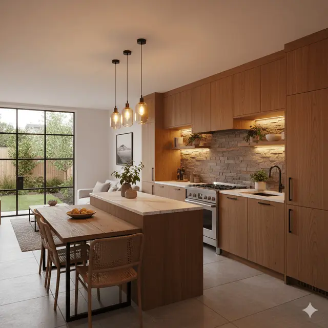 Dapur Rumah Sempit Tanpa Sekat dengan Konsep Terbuka. Gemini