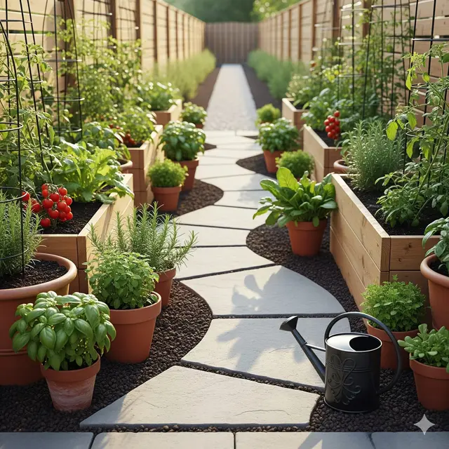 Teras dengan Jalur Paving dan Bedengan Mini