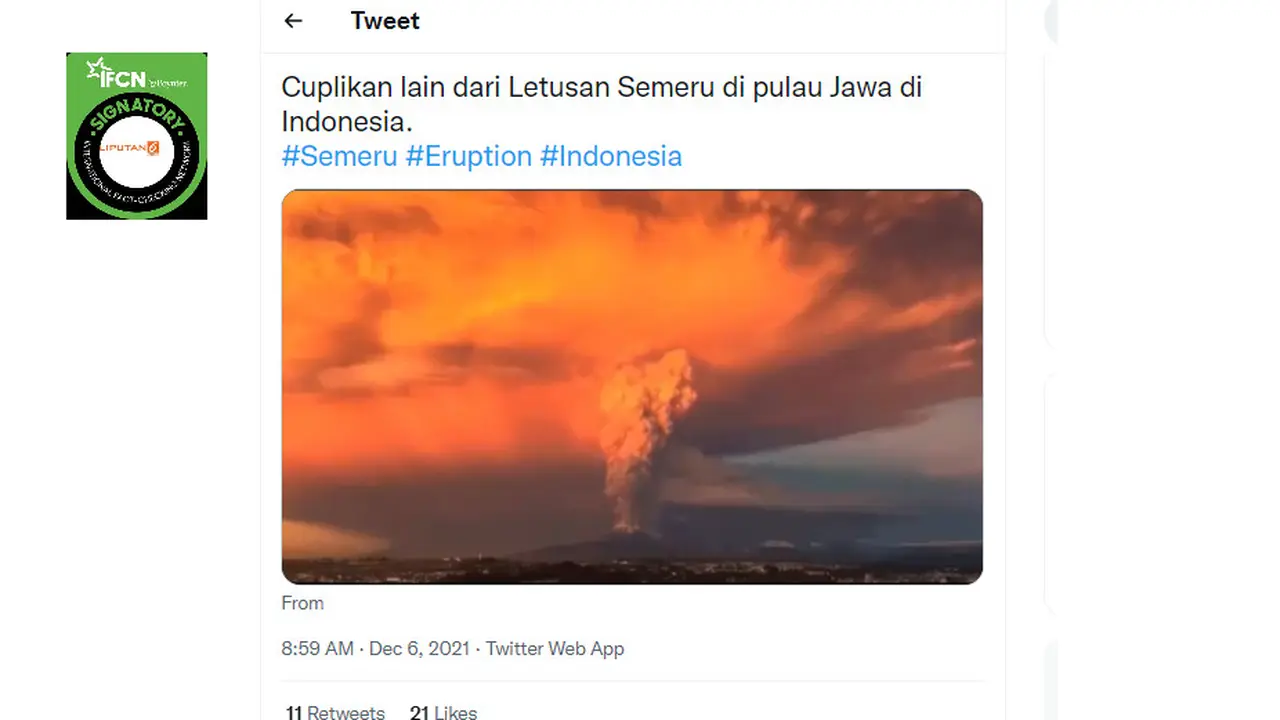 Cek Fakta Liputan6.com menelusuri klaim video cuplikan letusan Gunung Semeru
