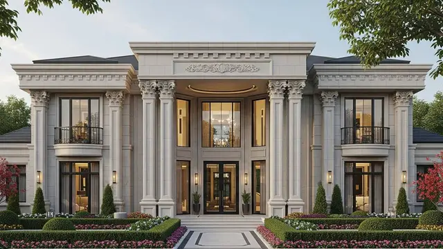 Tampak Depan Rumah Klasik Modern dengan Pilar Sederhana