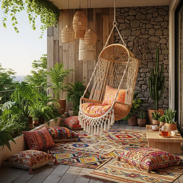 Model Teras Depan Rumah Tropis dengan Kursi Bambu Gantung Tren 2025