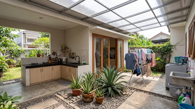 Desain Dapur Terbuka dengan Taman Kering Anti Ribet