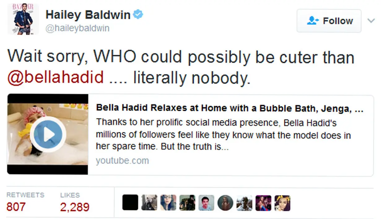 “Maaf tunggu, SIAPA yang bisa mengalahkan kencantikan dari @bellahadid….. sesungguhnya tidak ada,” tulis wanita berusia 20 tahun tersebut di akun Twitternya.  (AFP/Bintang.com)