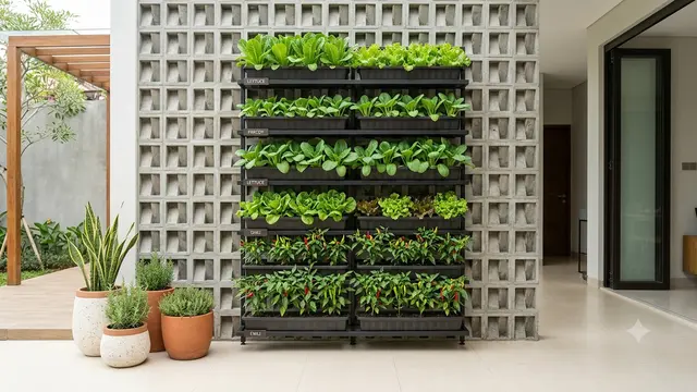 Desain Vertical Garden yang Menyatu dengan Dinding Roster. Gemini