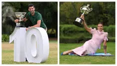 Foto Kolase: Petenis Serbia, Novak Djokovic dan petenis Belarusia, Aryna Sabalenka berpose dengan trofi setelah memenangkan ajang Australia Open 2023. Djokovic menang atas petenis Yunani, Stefanos Tsitsipas dengan skor 6-3, 7-6(7-4), 7-6(7-5) pada Minggu (29/01/2023). Sementara Sabalenka berhasil mengalahkan petenis Khazakstan, Elena Rybakina dengan skor 4-6, 6-3, 6-4 pada Sabtu (28/01/2023). (AFP/William West dan AFP/Martin Keep)