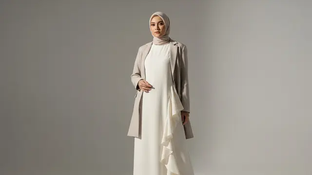 Gamis Ruffle Asimetris dengan Blazer Panjang Monokrom