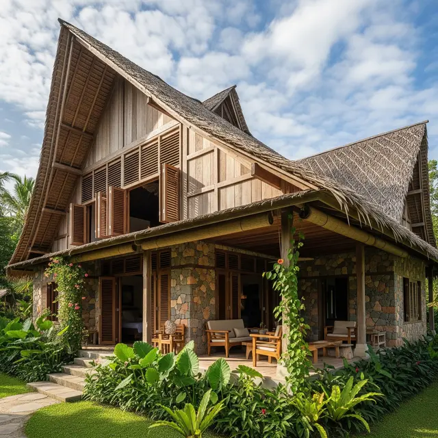 Model Rumah Desa dengan Kombinasi Material Kayu dan Batu Alam (Gemini AI)