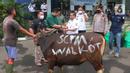 Corporate Secretary Division Head SCM Grup Gilang Iskandar (kemeja hijau) menyerahkan hewan kurban secara simbolis di studio 5 Indosiar, Daan Mogot, Jakarta, Rabu (6/7/2022). Sebanyak 65 hewan kurban ini terdiri dari 8 ekor sapi dan 57 ekor kambing. (Liputan6.com/Angga Yuniar)