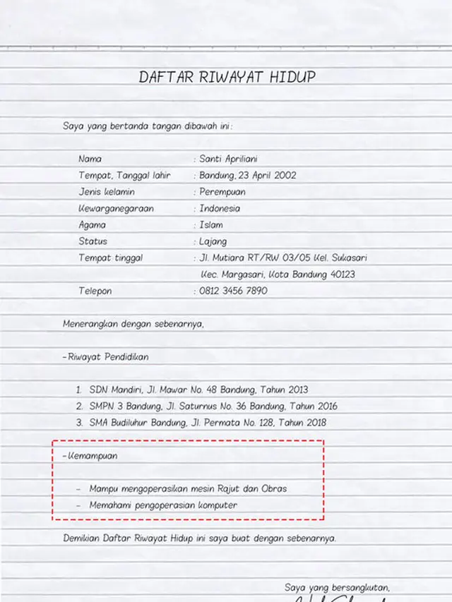 Contoh CV tulis Tangan