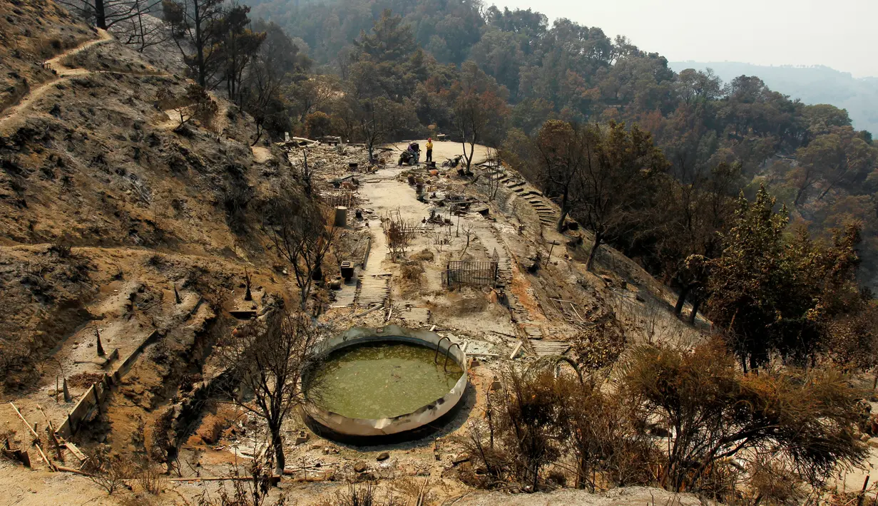 Sebuah rumah hancur setelah hangus terbakar akibat kebakaran hutan di kawasan Palo Colorado, Big Sur, California, Amerika Serikat, AS, (1/7). Seluas 8.000 hektare hutan terbakar akibat musibah tersebut. (REUTERS/Michael Fiala)