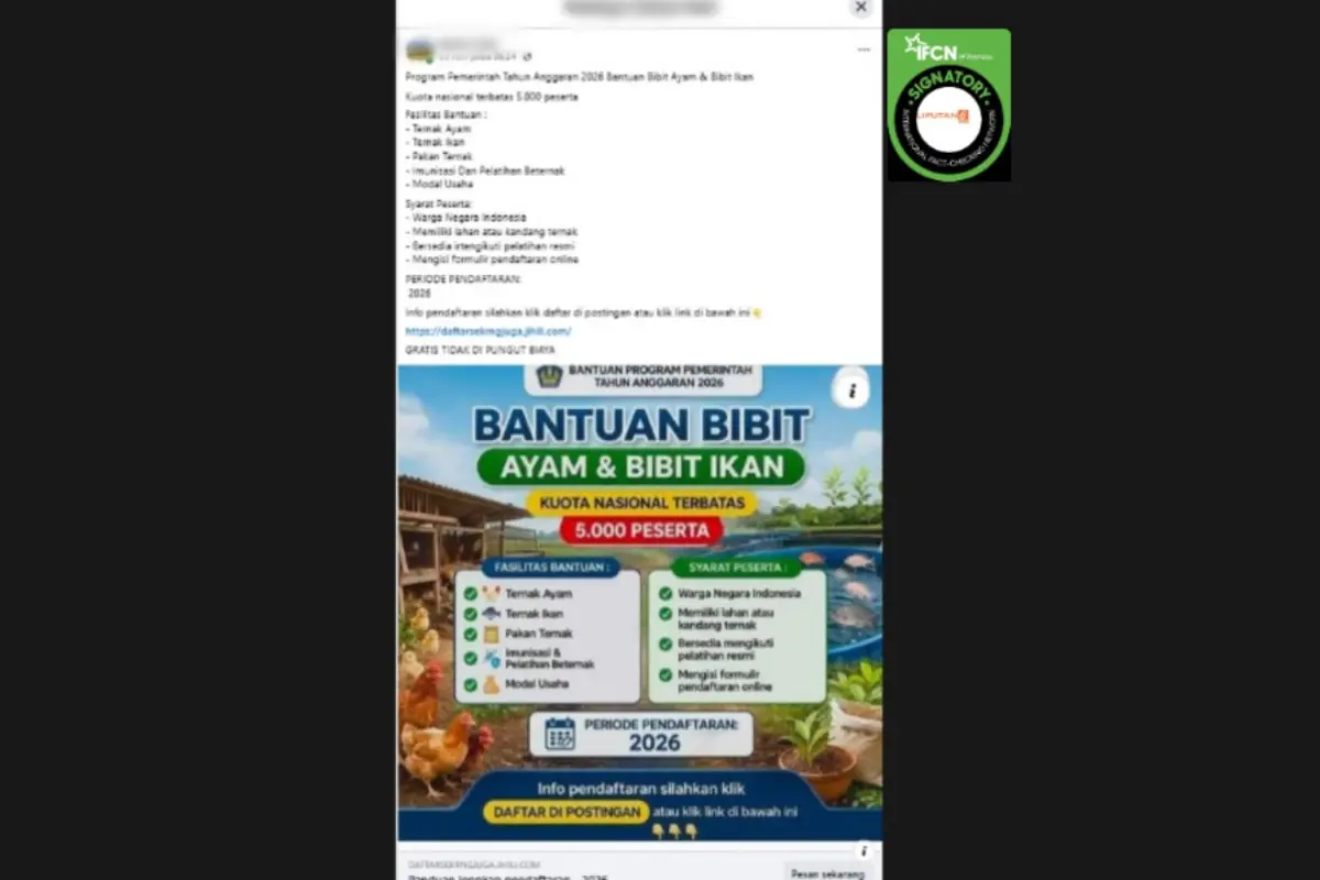Cek Fakta Liputan6.com mendapati klaim link pendaftaran untuk mendapatkan bantuan bibit ayam dan ikan dari pemerintah.
