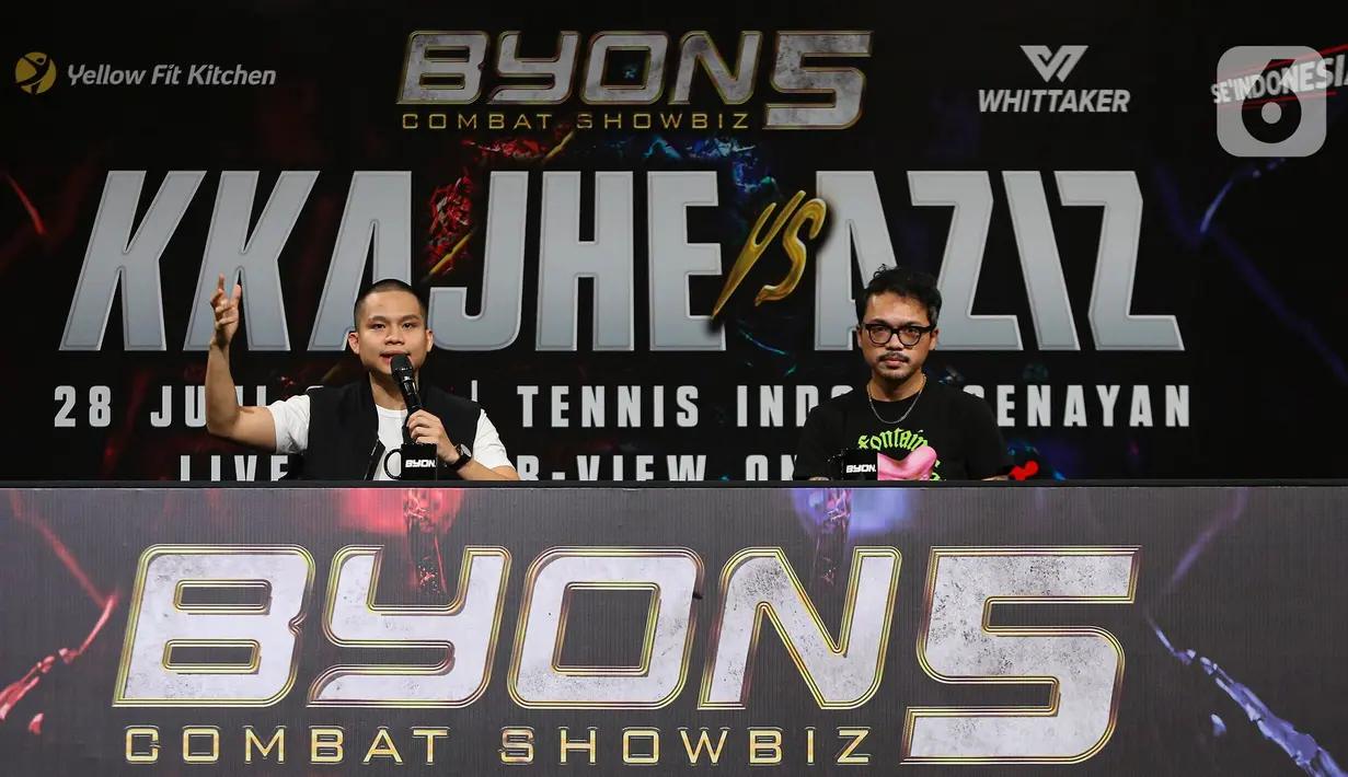 Vidio bersama BYON Combat Showbiz resmi mengumumkan gelaran BYON Combat Showbiz Vol.5. Menariknya, pada volume 5 ini, BYON Combat Showbiz akan menampilkan laga boxing dan kickboxing dalam satu malam. (Liputan6.com/Angga Yuniar)