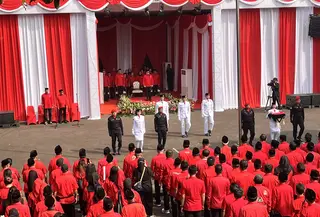Sekjen PDIP Hasto Kristiyanto pimpin upacara hari lahir Pancasila. (Liputan6.com/Winda Nelfira)