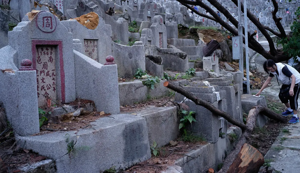 Seorang wanita membersihkan makam kerabat saat Festival Chung Yeung atau dikenal juga Tomb Sweeping Day di Hong Kong, 17 Oktober 2018. Pada saat perayaan, warga keturunan China mengunjungi dan membersihkan makam-makam leluhur mereka. (AP/Vincent Yu)