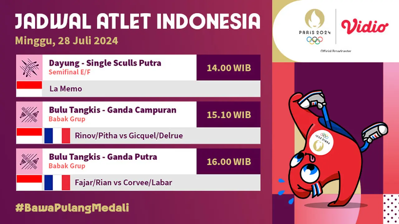 Tim Indonesia Olimpiade paris 2024 di Vidio, 29 Juli 2024