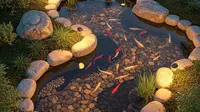 7 Desain Kolam Ikan Minimalis dengan Lampu Taman yang Hangat, Ciptakan Suasana Rumah Lebih Asri