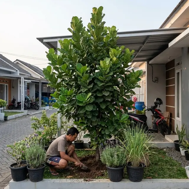 Menanam Ketapang Biola Cantik (Ficus lyrata) di depan rumah