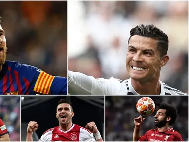 Pemain Barcelona, Lionel Messi, menjadi pencetak gol terbanyak di Champions League 2018-2019 dengan 12 gol. Sedangkan, striker Bayern Munchen, Robert Lewandowski, berada di urutan kedua yang disusul oleh Cristiano Ronaldo.​ (Kolase foto AFP)