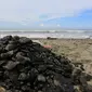 Bongkahan batu bara di pantai Peunaga Rayeuk yang sudah dipungut oleh warga ke dalam karung (Liputan6.com/Ist)