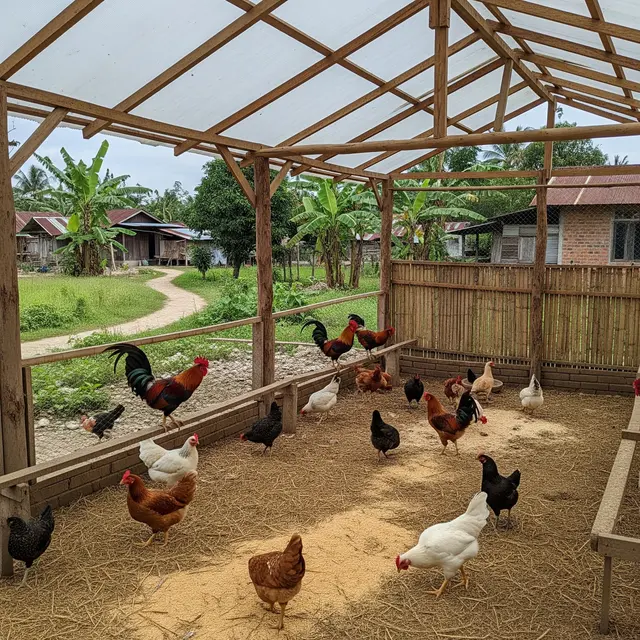Model Kebun Ayam Umbaran dengan Pagar Sederhana di Desa (Image by Gemini AI)