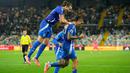 Jelang akhir pertandingan, Italia semakin mempertebal keunggulan melalui aksi Gianluca Mancini pada menit ke-90+3. (AP Photo/Luca Bruno)