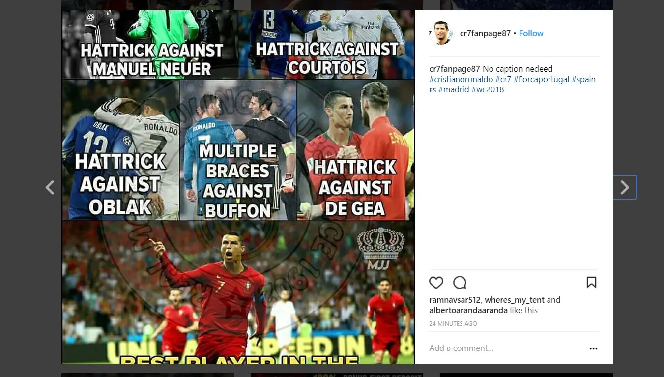 Meme Cristiano Ronaldo setelah cetak tiga gol dalam pertandingan Piala Dunia Portugal lawan Spanyol (Instagram @cr7fanpage87)