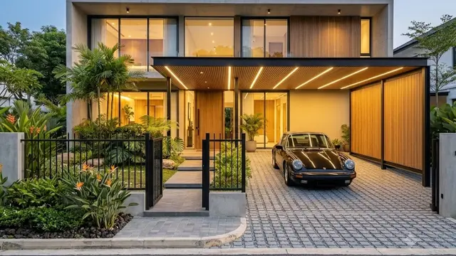 Carport Industrial dengan Panel Kayu dan Lampu Warm White