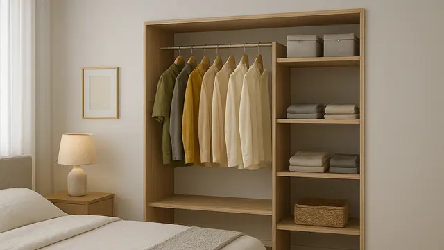 Ilustrasi Lemari Pakaian Minimalis dengan model Open Closet untuk Kamar Tidur/Liputan6 AI