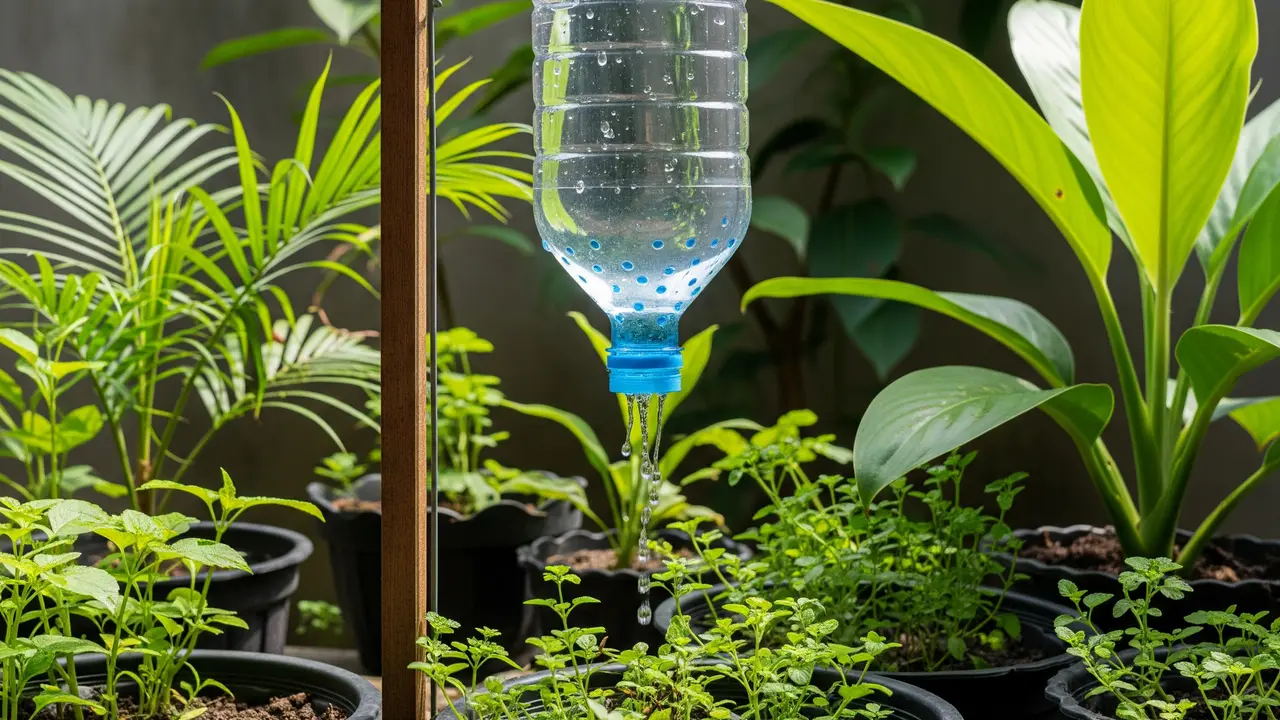 Ide Kebun di Halaman dengan Pengairan Otomatis dari Botol Bekas