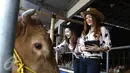 Sejumlah wanita cantik berpakaian ala koboi  siap layani calon pembeli di Mall Hewan Qurban milik Haji Doni di kawasan Depok, Jawa Barat, Selasa (8/9/2015). Kehadiran mereka untuk menarik calon pembeli hewan qurban. (Liputan6.com/Yoppy Renato) 