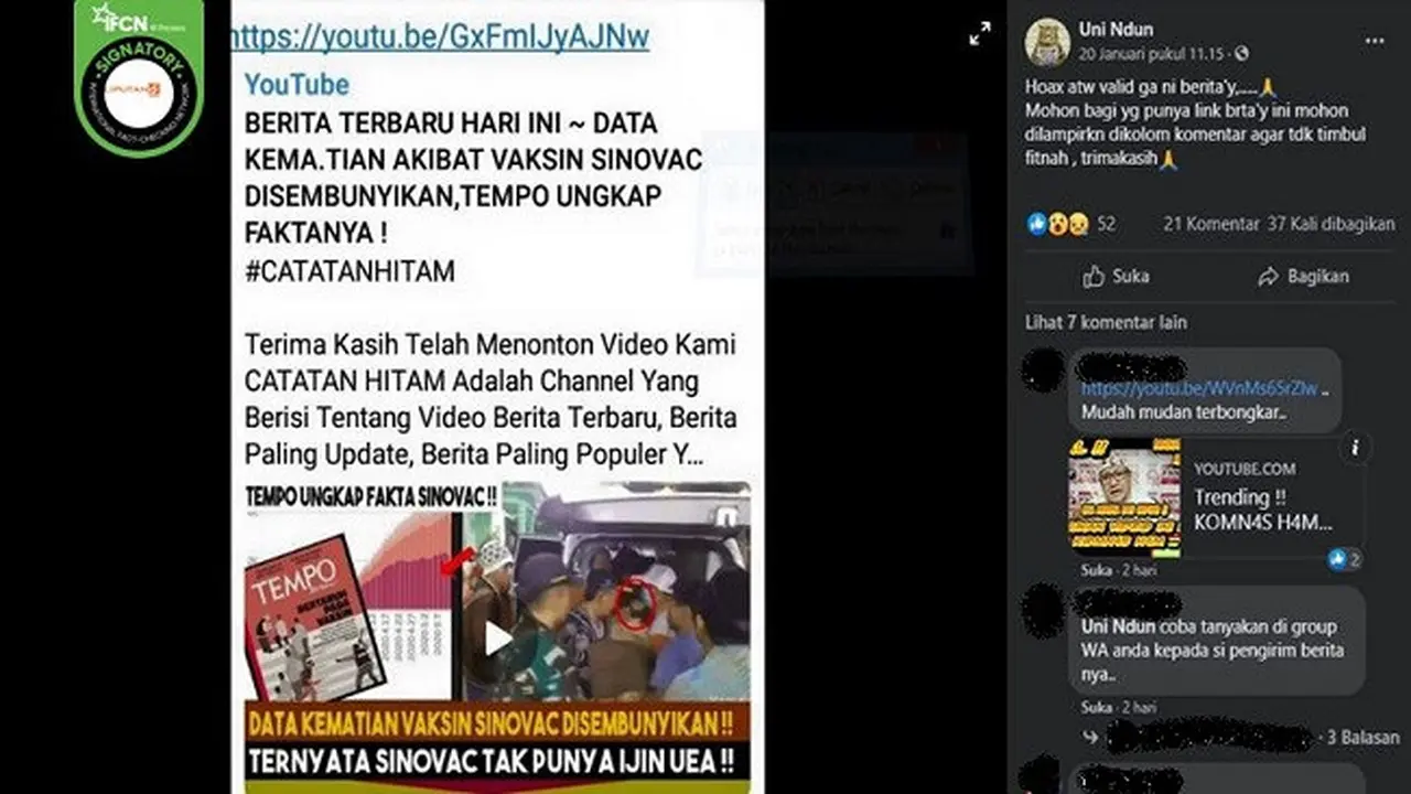Gambar Tangkapan Layar Kabar tentang Data Kematian Akibat Vaksin Sinovac Disembunyikan (sumber: Facebook)