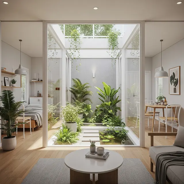 Model Rumah Kecil Tapi Luas dengan Taman di Tengah Area Rumah