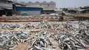 Pekerja saat menjemur ikan asin di Muara Angke, Jakarta, (4/12). Hal tersebut di sebabkan karena pasokan bahan baku mulai turun setelah Kementerian Kelautan dan Perikanan mengeluarkan sejumlah peraturan baru. Liputan6.com/Angga Yuniar