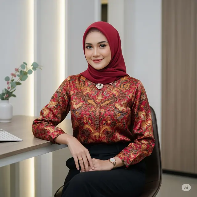 Model Baju Batik Kantor Wanita Berjilbab Modern. Foto: Gemini