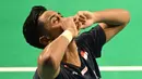 Tunggal putra Indonesia, Alwi Farhan, saat berlaga melawan Dong Tian Yao (Tiongkok) di final turnamen bulu tangkis Australia Open 2026, Sydney, pada Minggu 14 Juni 2026. (DAVID GREY/AFP)