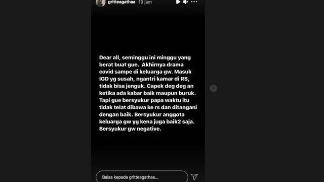 Gritte Agatha Curhat Kesulitan Cari IGD untuk Ayahnya yang Positif Covid-19. (instagram/gritteagathaa)