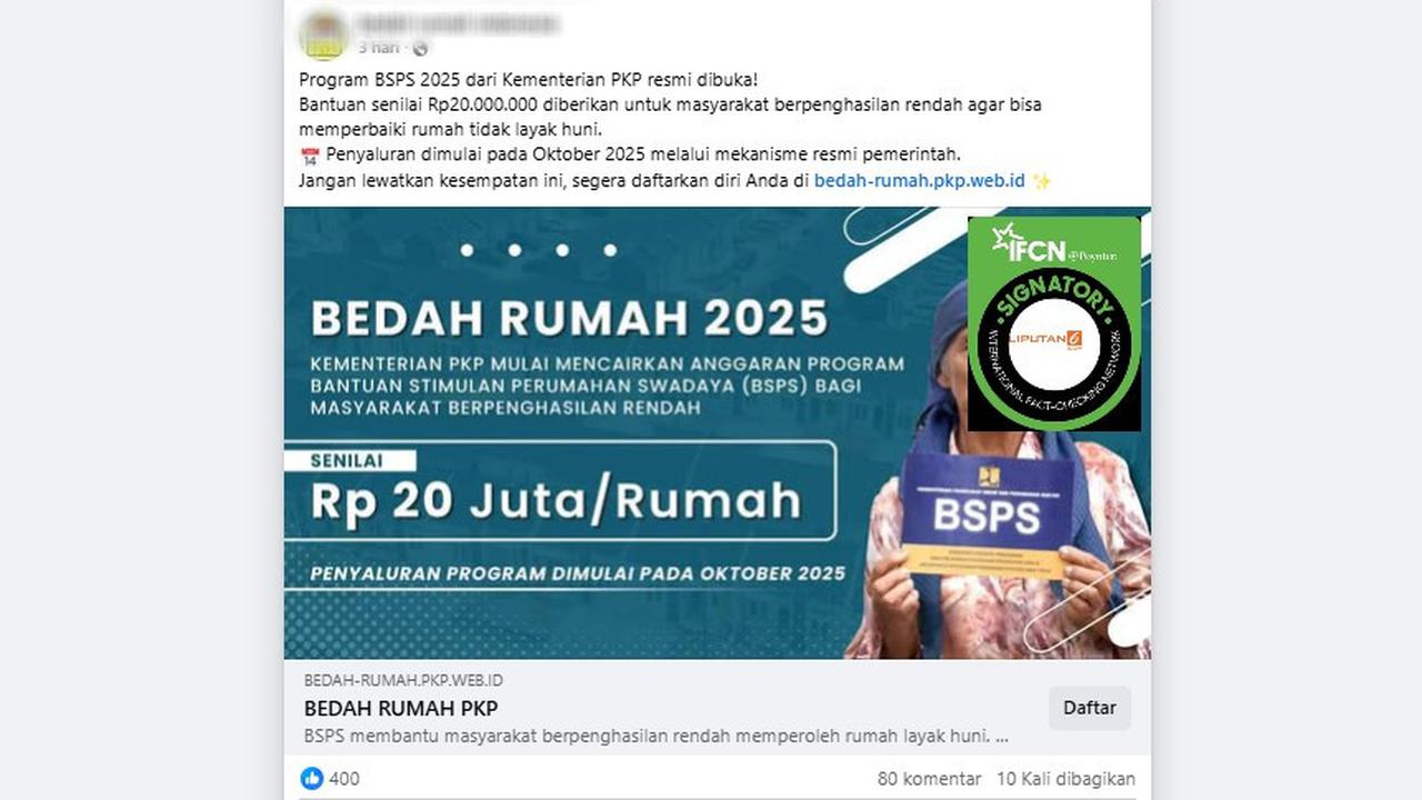 Tangkapan layar klaim link pendaftaran untuk mendapatkan bantuan bedah rumah 2025 di Facebook.