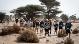 Sejumlah pelari berkompetisi pada stage kedua Marathon des Sables 2023 yang menempuh antara Oued Tijekht hingga Jebel El Otfal di Gurun Sahara, Maroko, 24 April 2023. Ajang yang berlangsung dari 21 April hingga 1 Mei 2023 tersebut diikuti oleh 1200 pelari dan akan menempuh 250 km. (AFP/Jean-Philippe Ksiazek)