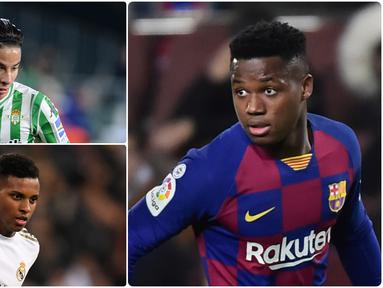 Wonderkid Barcelona, Ansu Fati, mencuri perhatian lewat aksi gemilangnya saat mencetak dua gol ke gawang Villareal di kompetisi Liga Spanyol musim ini. Selain Fati ada beberapa wonderkid lainnya di Liga Spanyol. Berikut Ansu Fati dan 5 wonderkid Liga Spanyol. (kolase foto AFP)
