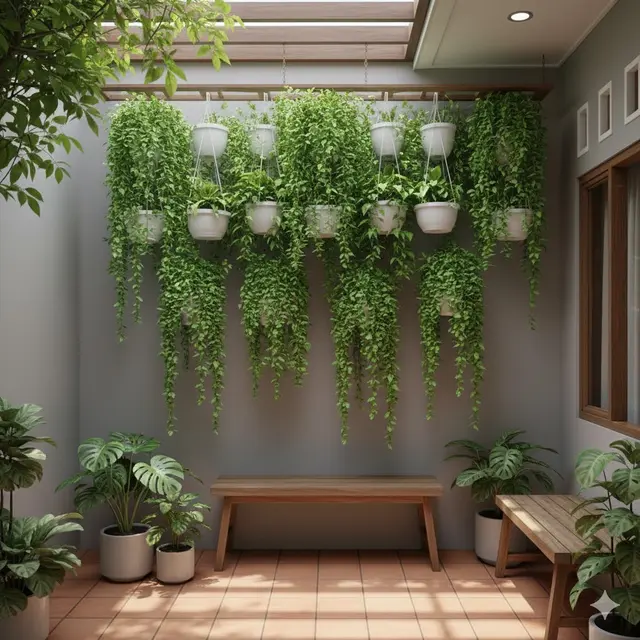 Teras rumah dengan Pot Gantung Bertingkat (Gemini AI)