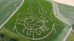 Pandangan udara memperlihatkan labirin dengan potret aktivis iklim Swedia Greta Thunberg menghiasi ladang jagung di Selm, Jerman, Rabu (10/7/2019). Dalam labirin tersebut juga terdapat pesan bertulis 'fridays for future'. (INA FASSBENDER/AFP)