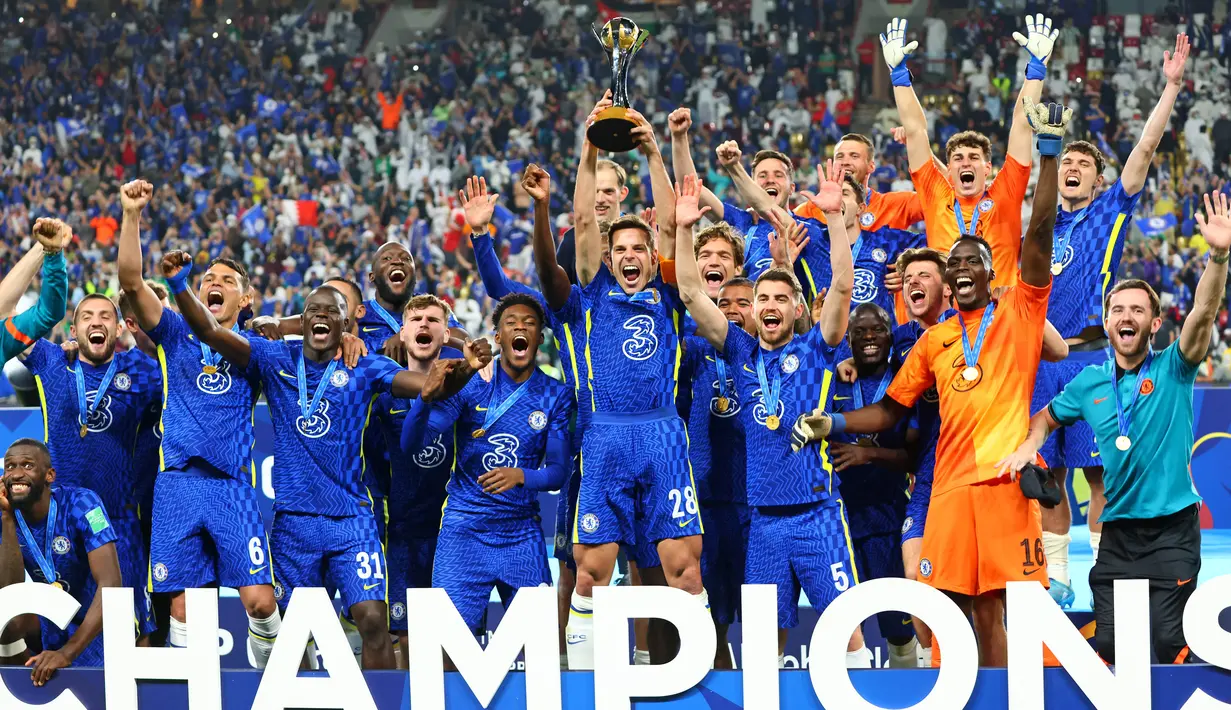 Teranyar, The Blues menasbihkan diri sebagai tim terbaik di dunia usai menjuarai Piala Dunia Antarklub 2021. Pada partai final, Chelsea mengalahkan wakil Brasil, Palmeiras, dengan skor 2-1. (AFP/Giuseppe Cacace)