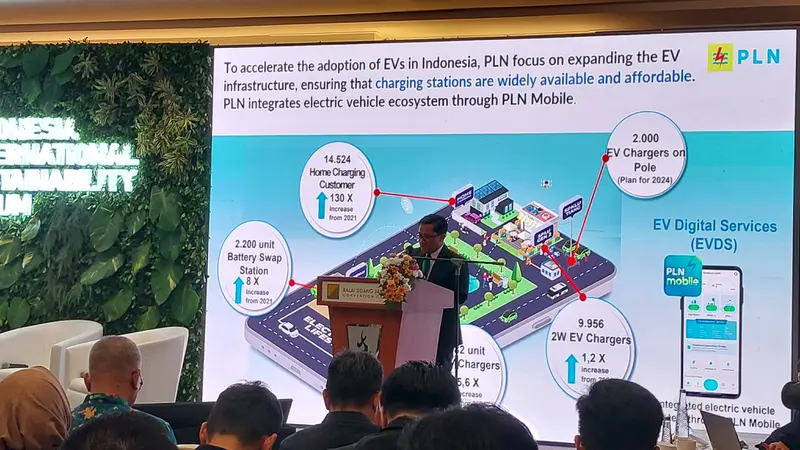 Direktur Perencanaan Korporat dan Pengembangan Bisnis PLN, Hartanto Wibowo dalam Diskusi Tematik Indonesia Sustainability Forum 2024, di JCC Senayan, Jakarta.