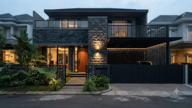 Model Fasad Rumah dengan Perpaduan Roster dan Batu Andesit yang Elegan