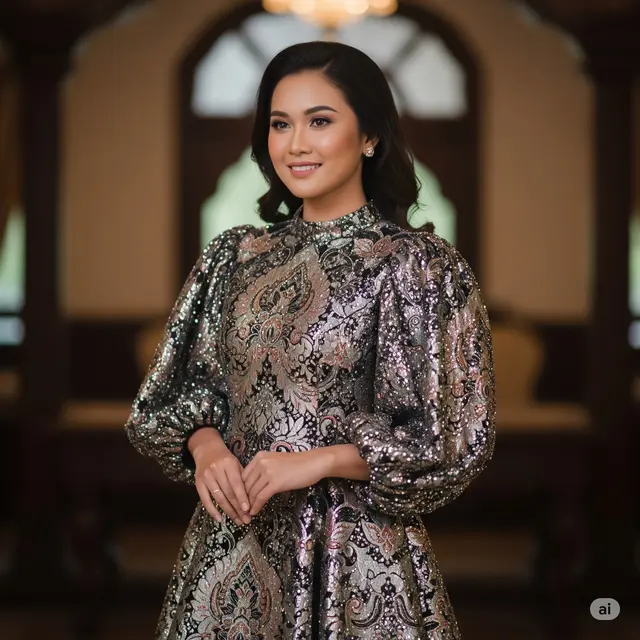 Dress Brokat Full Payet A-Line Lengan Balon