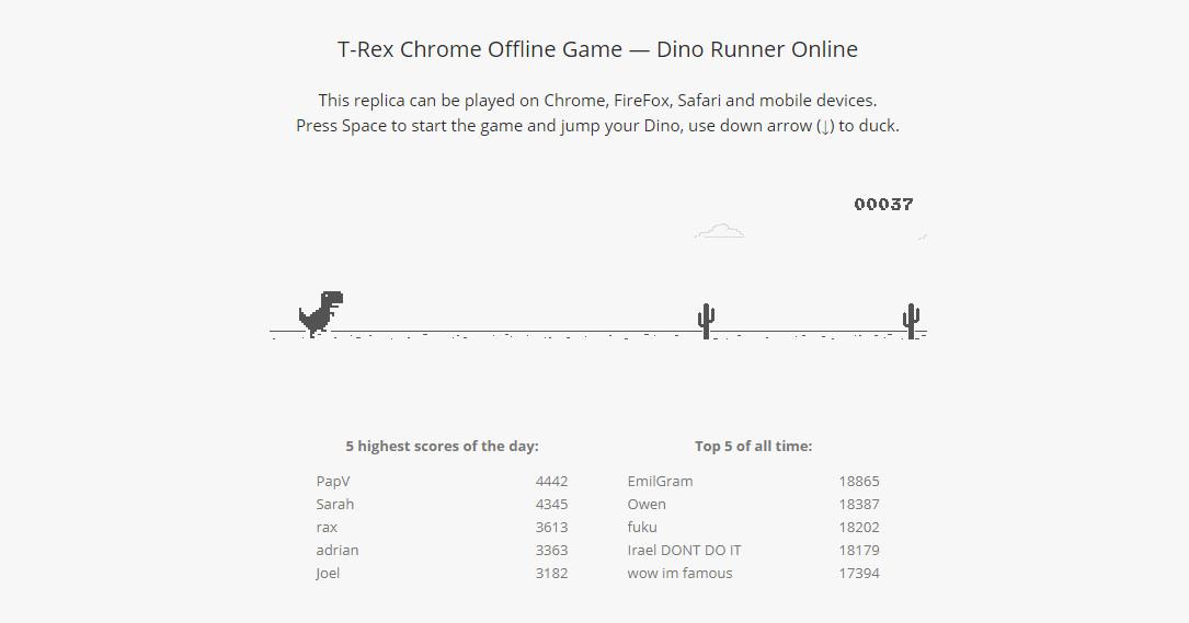 T-Rex Run milik pada Google Chrome bisa dimainkan jika koneksi internet terputus.